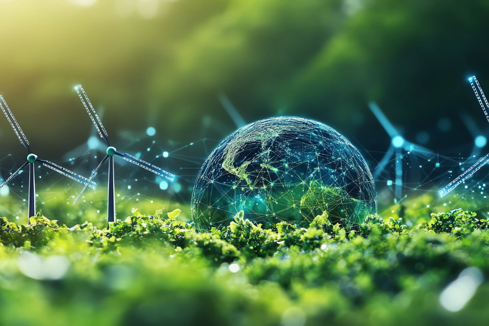 Photo of a digital representation of Earth sits among green plants, surrounded by wind turbines