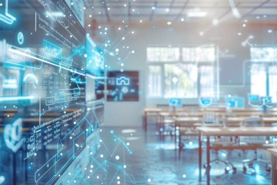 Photo of a classroom overlaying with digital data graphics, illustrating the merging of technology and education.