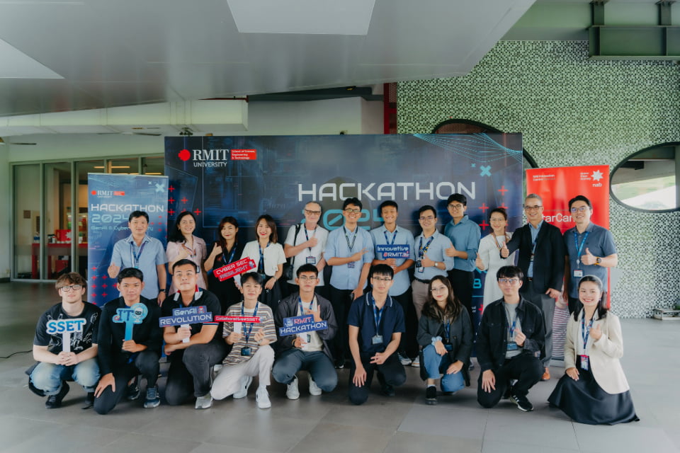 Photo of a group of RMIT students attending the RMIT GenAI and Cybersecurity Hackathon 2024