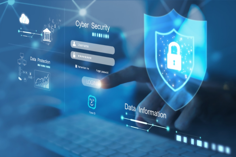 Photo of a digital interface shows cyber security elements, including a shield with a lock, login fields, and data protection icons