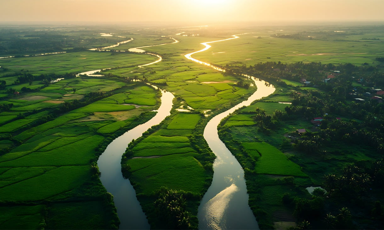 Aerial view of a winding river flowing through green fields under sunlight.