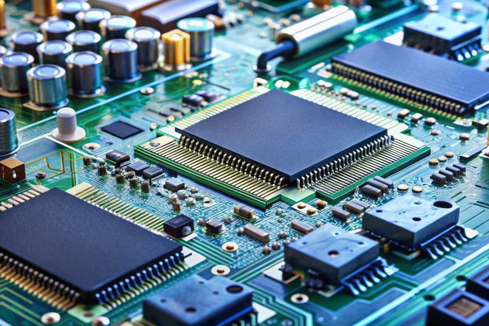 Photo of a close-up view of a computer motherboard showcases various electronic components, including microchips and capacitors