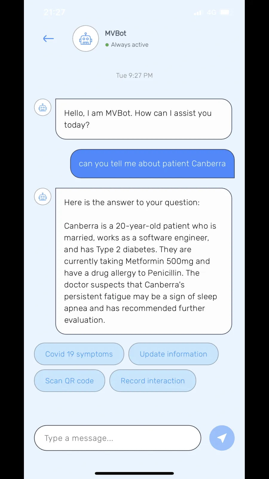 Chat interface with MVBot provides patient details and options like symptom updates, QR code scanning and recording interactions.