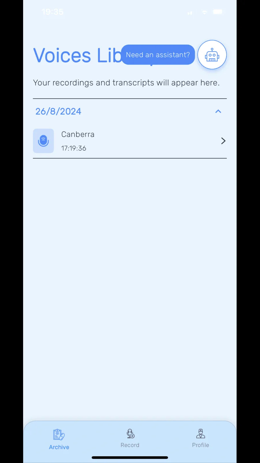 Voices Library displays saved recordings and transcripts, with a navigation bar offering Archive, Record and Profile functions.