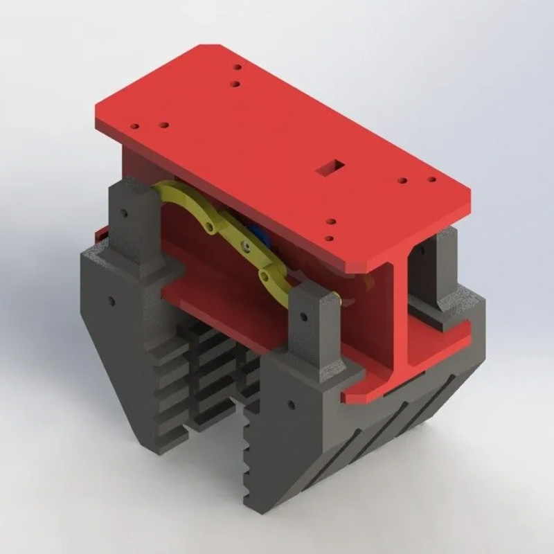 3D rendering of a parallel gripper part of a drone, featuring a red top plate, black grip arms and internal mechanics designed for grasping tasks.