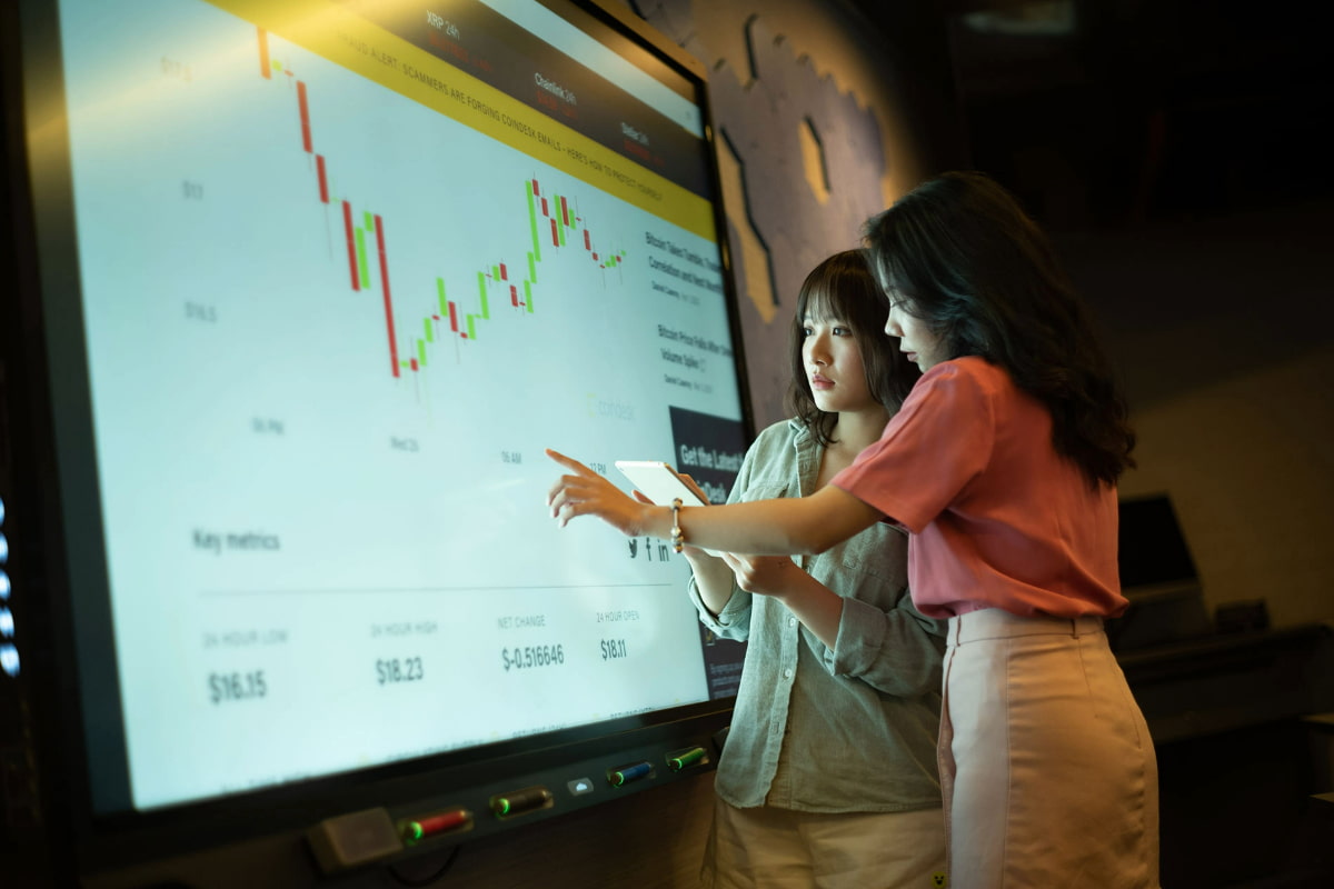 Photo of a group discussion with two female students pointing and looking at a digital screen that shows a stock graph with red and green lines
