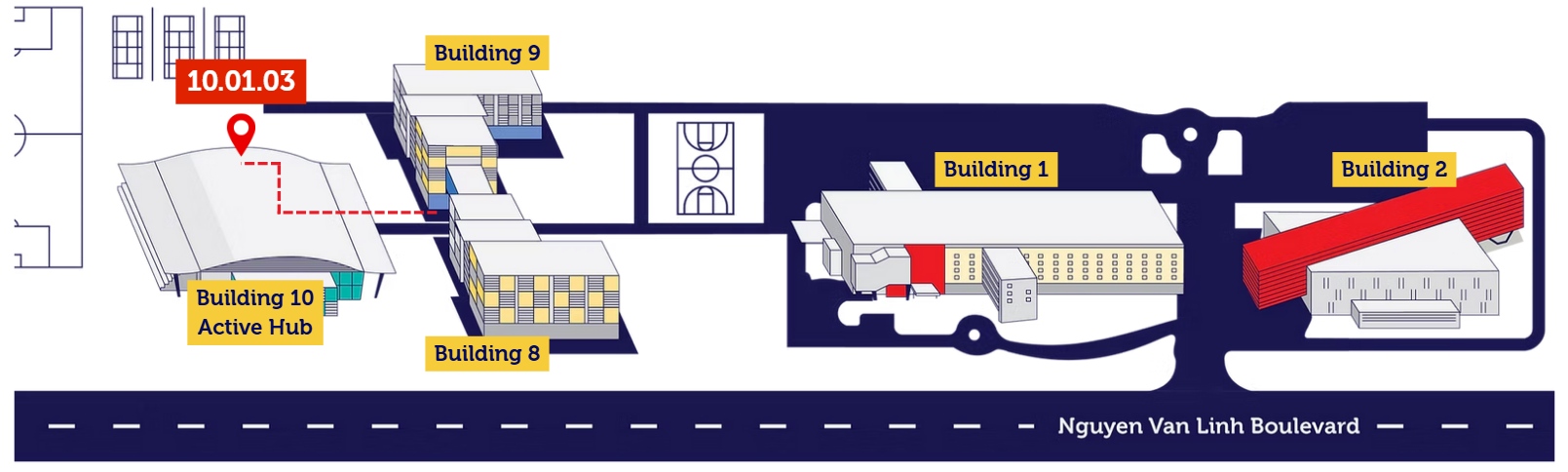 Hình ảnh là sơ đồ đơn giản của khuôn viên, với tiêu đề “Health Centre Access (SGS Campus)”. Đại lộ Nguyễn Văn Linh chạy ngang ở phía dưới sơ đồ. Ở bên trái sơ đồ là Tòa nhà 10, được ghi chú là “Active Hub”. Một ký hiệu vị trí màu đỏ đánh dấu Phòng 10.01.03 bên trong Tòa nhà 10. Từ vị trí này, một đường nét đứt màu đỏ thể hiện lộ trình đi bộ. Lộ trình đi bộ tiếp tục sang bên phải, đi qua Tòa nhà 9, sau đó qua Tòa nhà 8, và dẫn vào khu vực trung tâm của khuôn viên. Ở phía bên phải sơ đồ là Tòa nhà 1 và Tòa nhà 2, được thể hiện là các tòa nhà lớn hơn, kết nối với nhau bằng các lối đi và đường nội bộ trong khuôn viên. Các tòa nhà này không nằm trên lộ trình đi bộ được đánh dấu. Đường nét đứt màu đỏ cho thấy rõ lộ trình được đề xuất từ Active Hub đến khu vực Trung tâm Y tế, giúp người dùng định hướng và di chuyển trong khuôn viên.