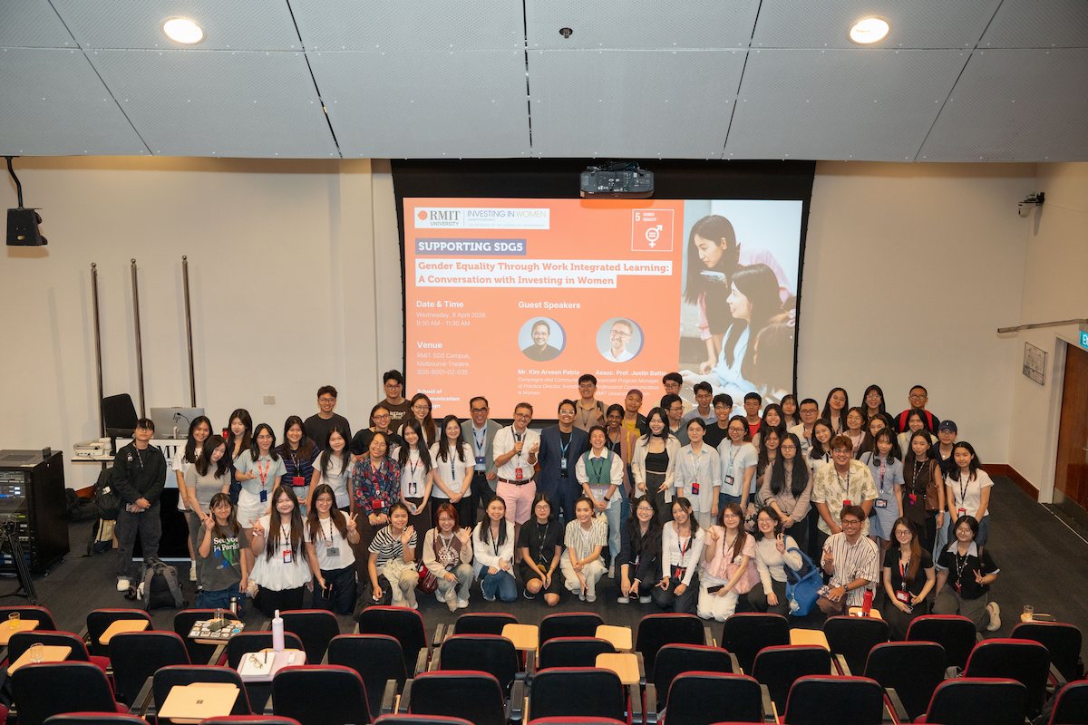 Students, guest speakers and lecturers pose together after the event "A Conversation with Investing in Women" at RMIT, held on 8 April 2026