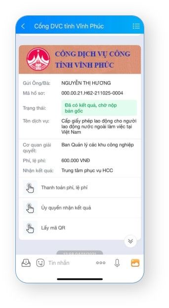 Vinh Phuc Provincial Public Service Portal regarding a document application