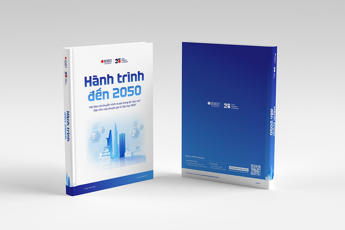 Render of a white hardcover book with the title Vietnam 2050: The vision ahead, and the RMIT logo and an illustration of Vietnamese skyscrapers from Saigon (Bitexco), Hanoi (the tallest building) and a third one. 