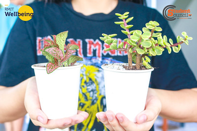 A female student holds two green plant on her hand