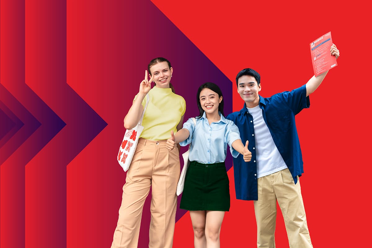 a stylised red background with 3 students full length - a blonde lady with a peace sign in a yellow mock turtleneck and khaki pants, a smaller asian lady in a blue shirt and black thigh length skirt throwing 2 thumbs up and an asian man in a dark blue shirt over a white tee shirt and cream pants with his arms wide open and smiling 