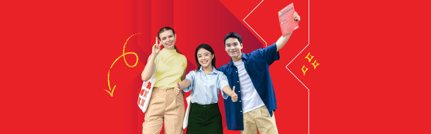 3 students against a stylised white background. A blonde lady in a buttercup yellow top with a peace sign, an asian lady with a blue shirt and 2 thumbs up and an asian man with a book, both hands in the air. 