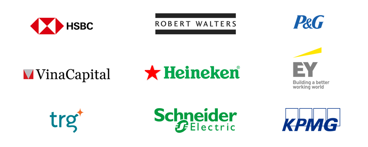 logos of hsbc, robert walters, p&g, vinacapital, heineken, ey, trg, schneider, kpmg in a white background 