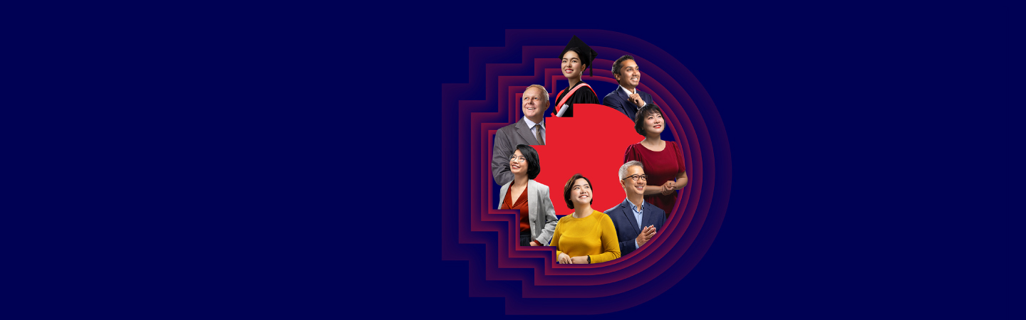 Group of RMIT staff and alumni in portrait mode encircled by the red RMIT pixel logo on a blue background.