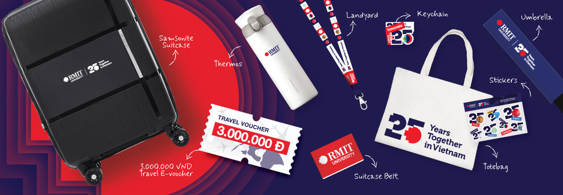 RMIT legacy story sharing contest prizes including a travel voucher worth 3 million VND, suitcase, thermos, lanyard, keychain, tote bag, stickers, T-shirt and umbrella, all branded RMIT merchandises.