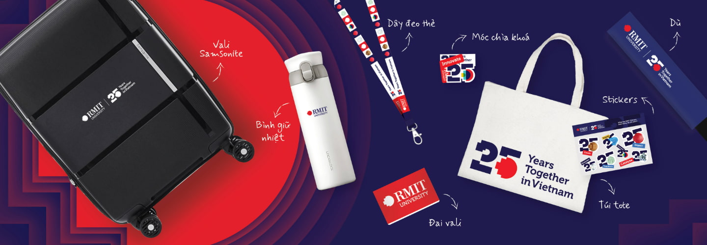 RMIT legacy story sharing contest prizes including a suitcase, thermos, lanyard, keychain, tote bag, stickers, T-shirt and umbrella, all branded RMIT merchandises.