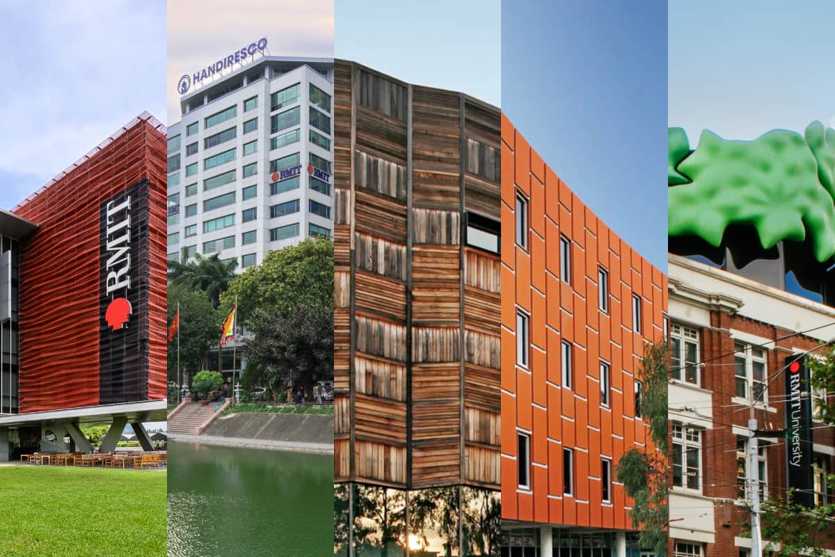 Photo collage of five RMIT campuses around the world.
