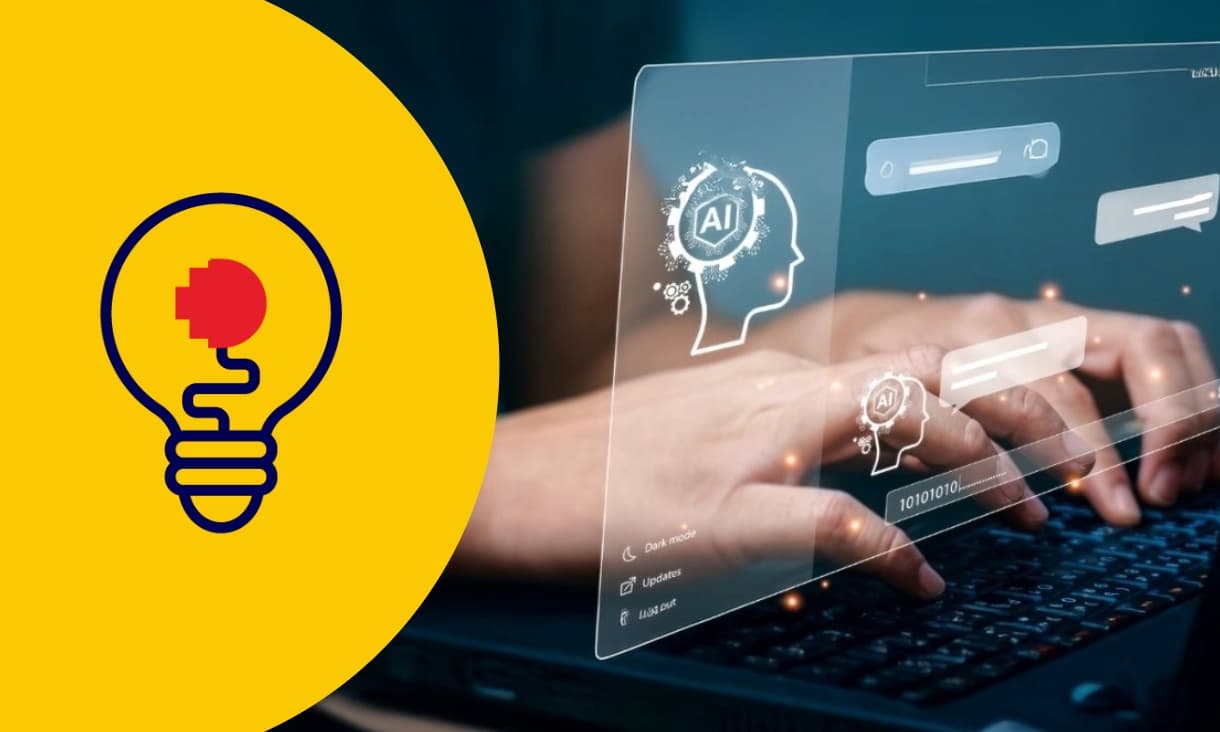 RMIT idea icon on a yellow background 1220x732 with 2 hands on keyboard in background, ostensibly having a chat to an AI bot, as an outline illustration of a human head with the word AI on it