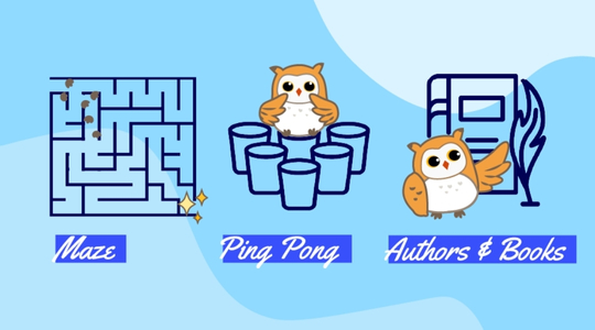 The image features an owl, which is the mascot of this event, and some designs of games being played at our booth event