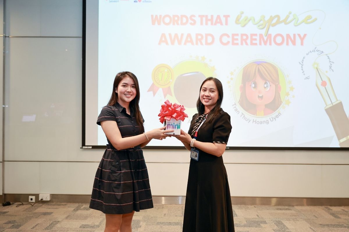 The photos showing 2 women sharing a gift to each other, smiling for a camera posing 