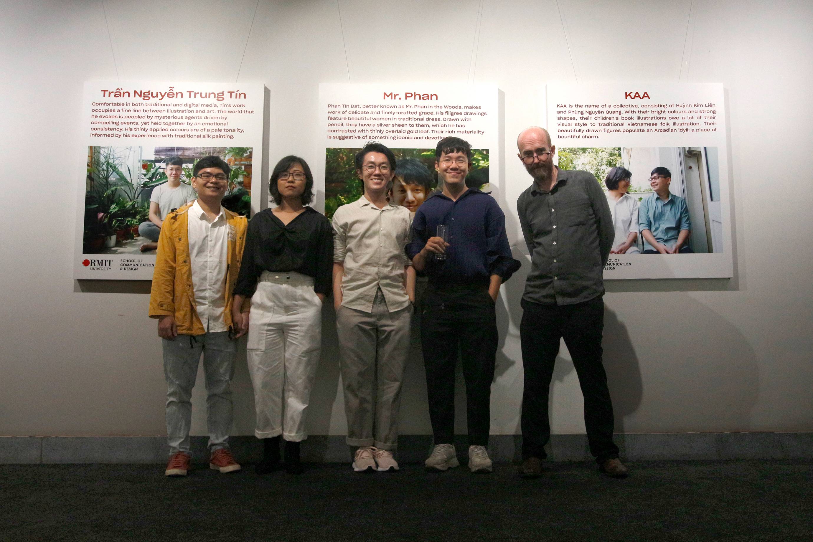 From left to right, Love Stories exhibition illustrators, KAA, Mr. Phan in the Woods and Tran Nguyen Trung Tin with RMIT’s School of Communication & Design Acting Program Manager of Digital Media Martin Constable. 