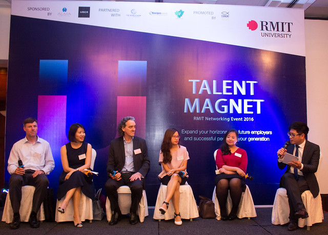 (From left to right) Dr Achim Fock, World Bank; Ms Nguyen Van Anh, Navigos Search Vietnam; Dr Kieran Tierney, RMIT Vietnam lecturer; Ms Kelly Linh Nguyen, Uber Vietnam; Ms Nguyen Huyen Chau, RMIT Vietnam alumnus and Co-founder of School 4 Kids