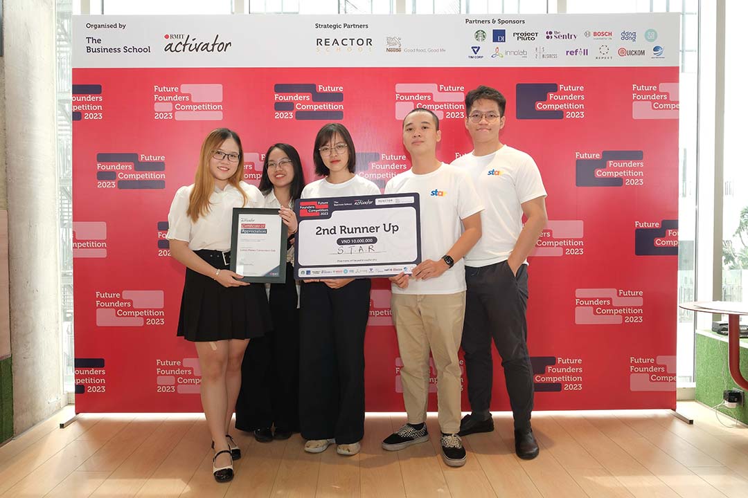 2nd runner up Future Founders Competition 2023 – S.T.A.R includes: Luu Anh Phuong, Huynh Tran Anh Kim, Nguyen Van Thai, Phan Ngoc Thach, and Ho Le Minh Thach