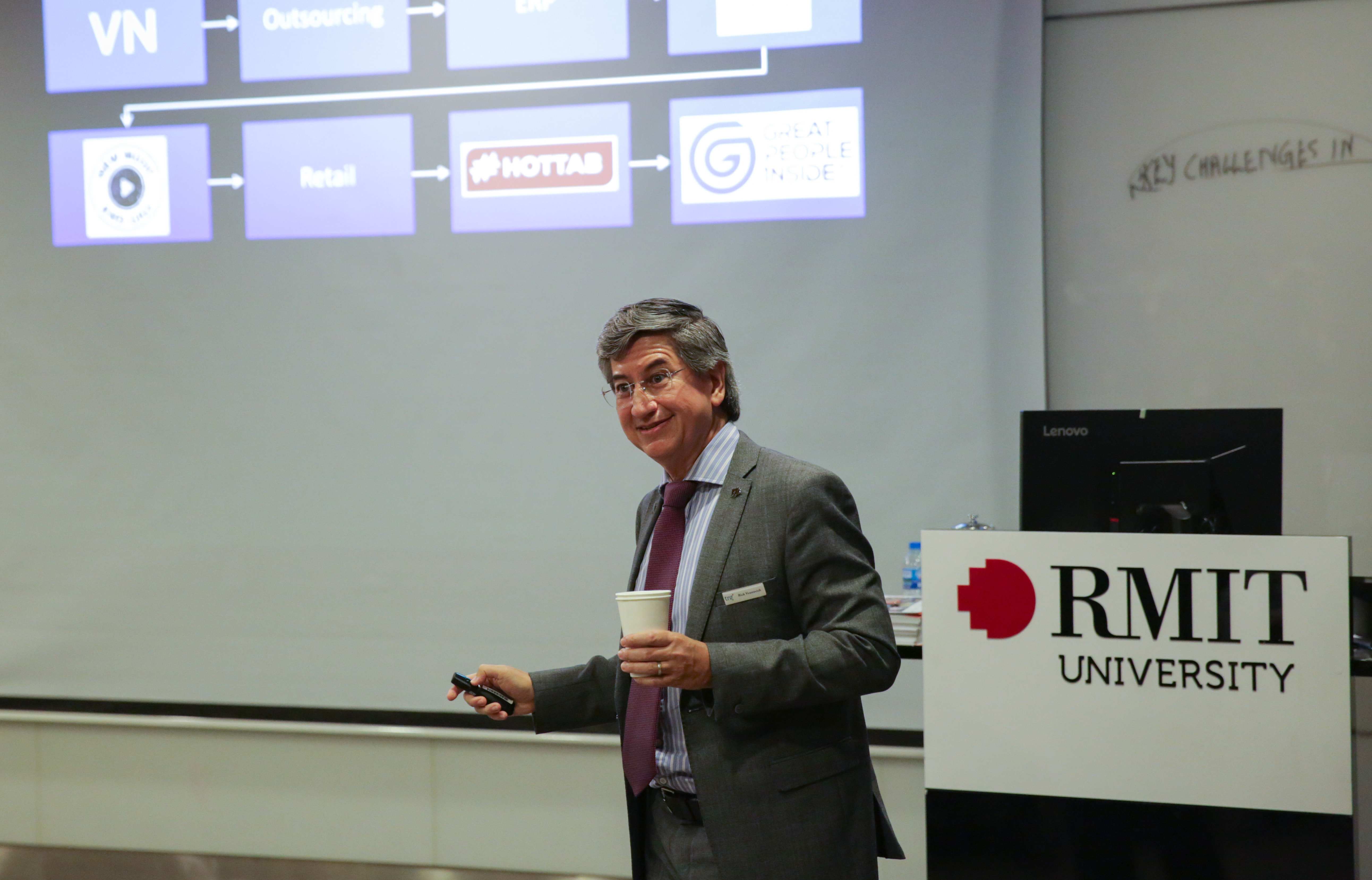 Over 40 experienced industry leaders joined RMIT’s Global Leadership Forums as guest speakers. Pictured: TRG International Founder and CEO Rick Yvanovich presenting at the Global Leadership Forum in HCMC. 