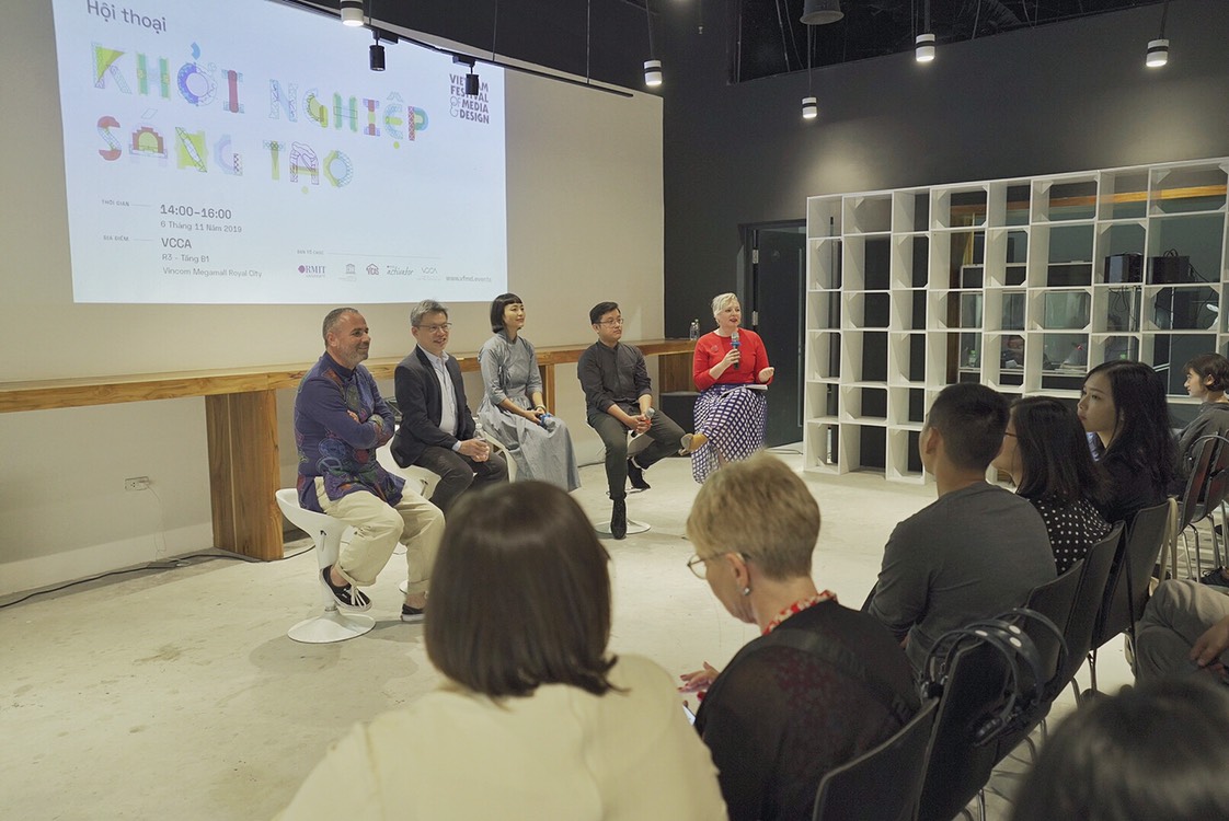 (From left) Chula Co-founder Diego Cortizas, Le Group CEO Le Quoc Vinh, Hanoi Grapevine Director and Chief Editor Ms Truong Uyen Ly, Behalf Studio Founder Nguyen Hung Giang and facilitator Karen Rieschieck at the Creative Conversation event in Hanoi. 