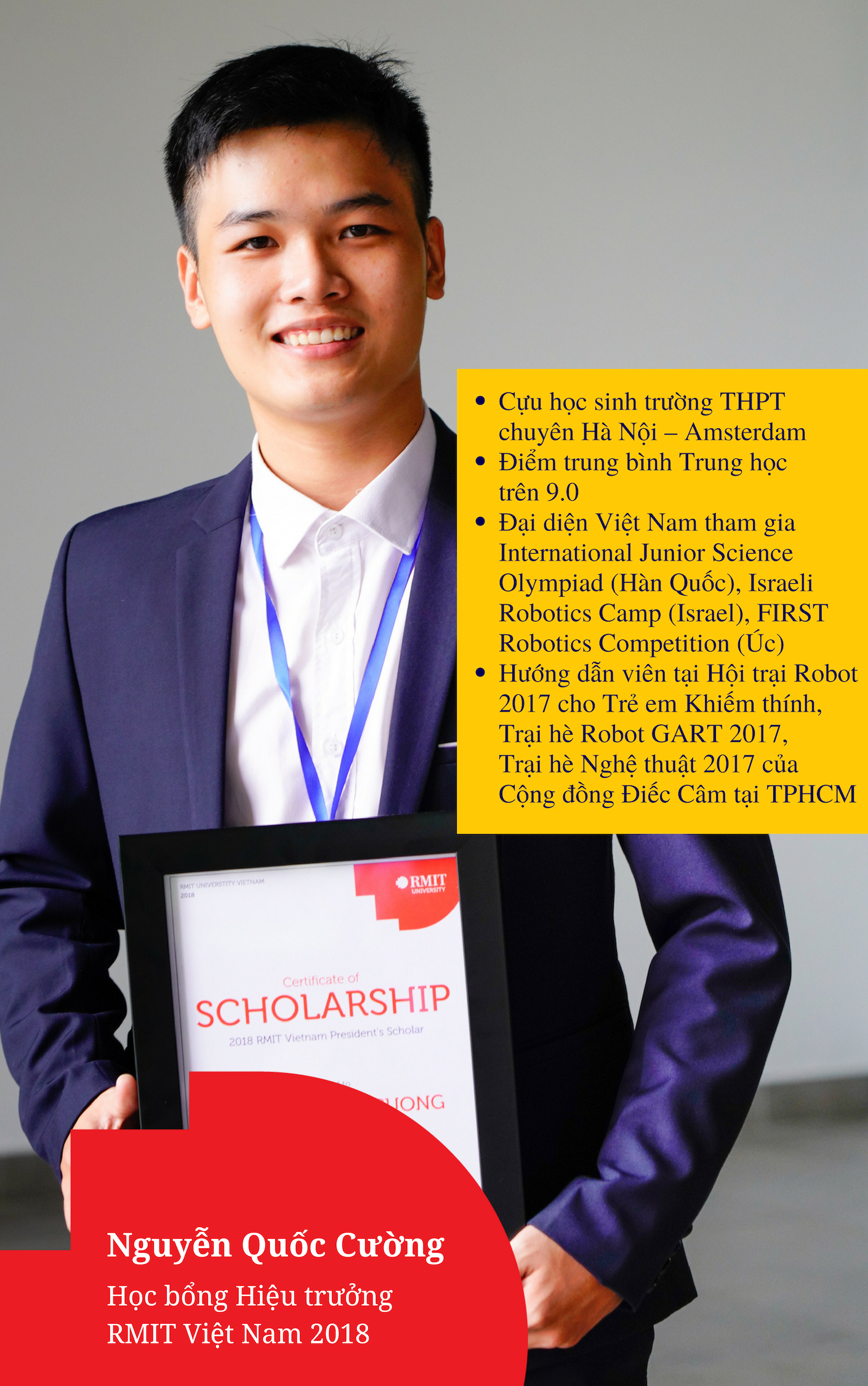 Nguyễn Quốc Cường, Học bổng Hiệu trưởng 2018, tân sinh viên ngành Kỹ thuật (Kỹ sư phần mềm)(Danh dự) tại RMIT Việt Nam.
