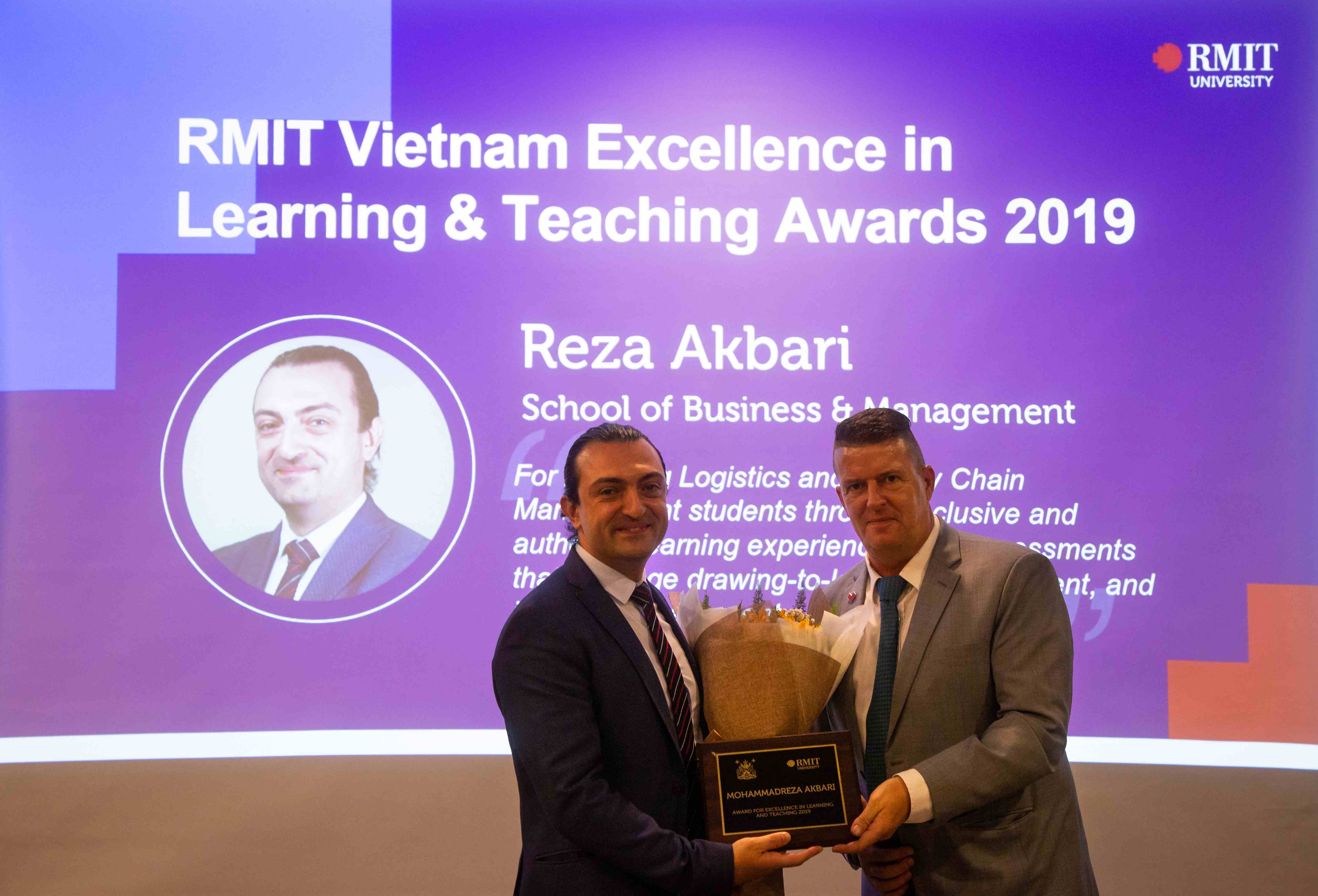 Acting Discipline Lead of Logistics & Supply Chain Management Dr Reza Akbari from the School of Business & Management was presented the Outstanding Contributions to Student Learning award for his commitment to providing students with authentic, industry relevant experiences and assessments. 
