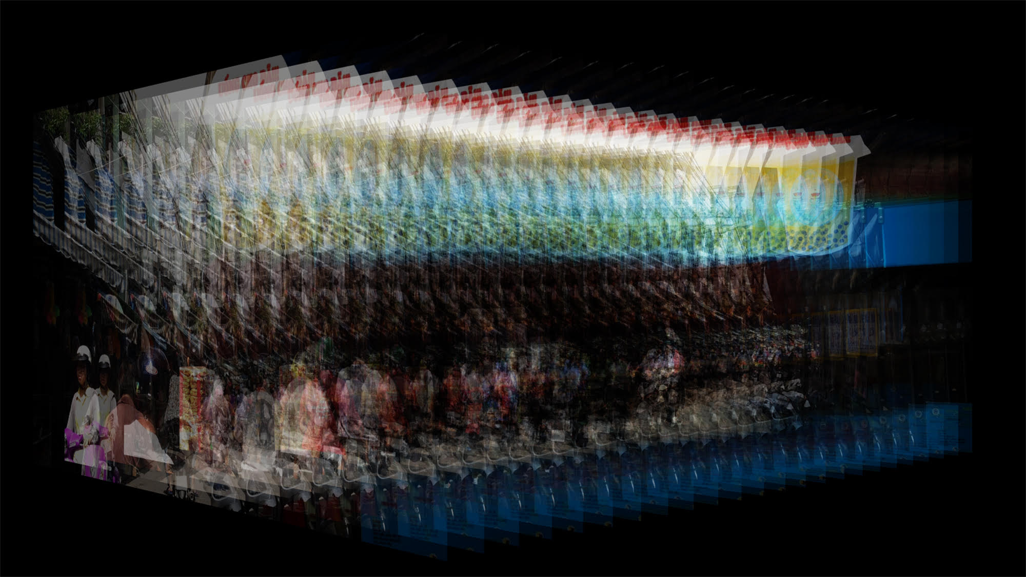This image shows a market street in District 4. Frames are taken from a moving image sequence and placed one after the other, creating a film block. This technique allows for the sequence to be seen in one picture and reveals which elements in the space remain static and which are moving.