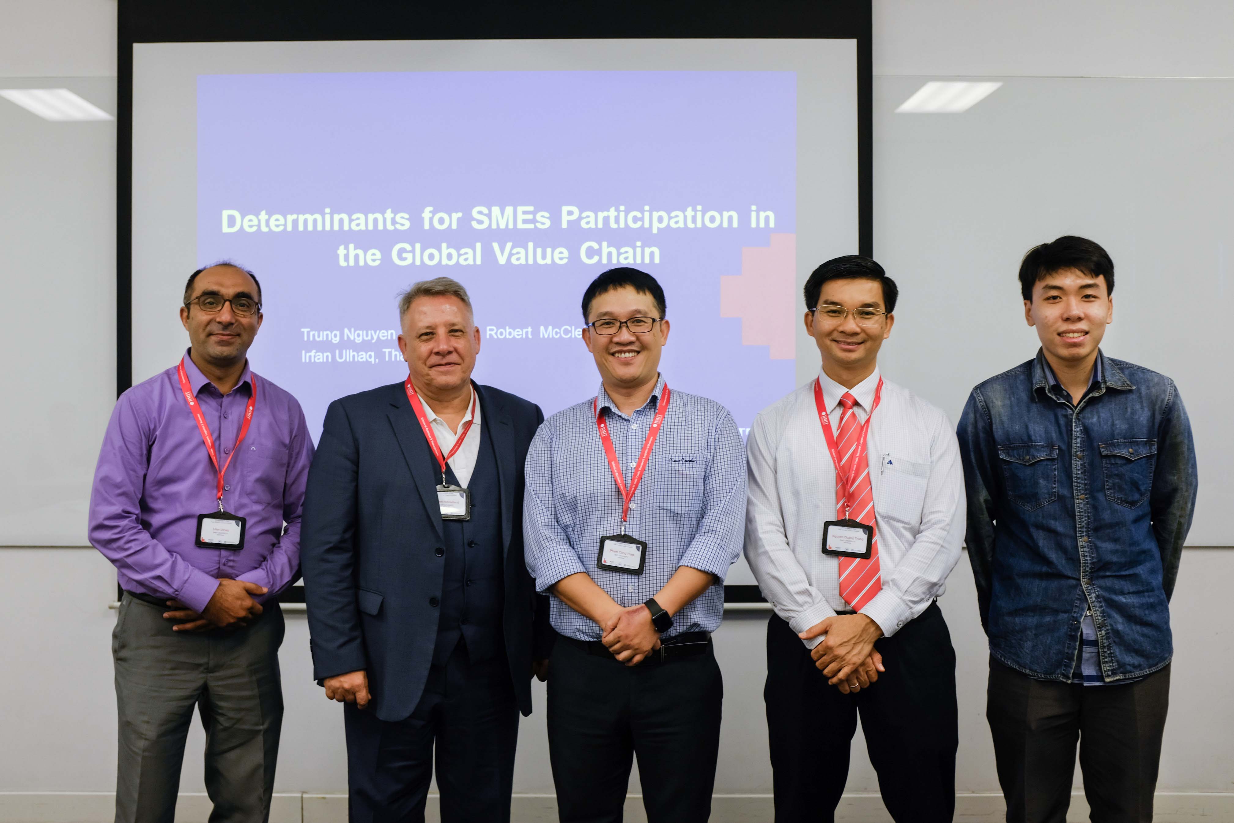 Research team members: (from left to right) Irfan Ulhaq (Associate Lecturer), Associate Professor Robert McClelland (Head of Department for Management), Dr Pham Cong Hiep (Discipline Lead for the Logistics and Supply Chain Management program), Dr Nguyen Quang Trung (Discipline Lead for the International Business program), and Dang Vu Thanh (Academic Support Officer).