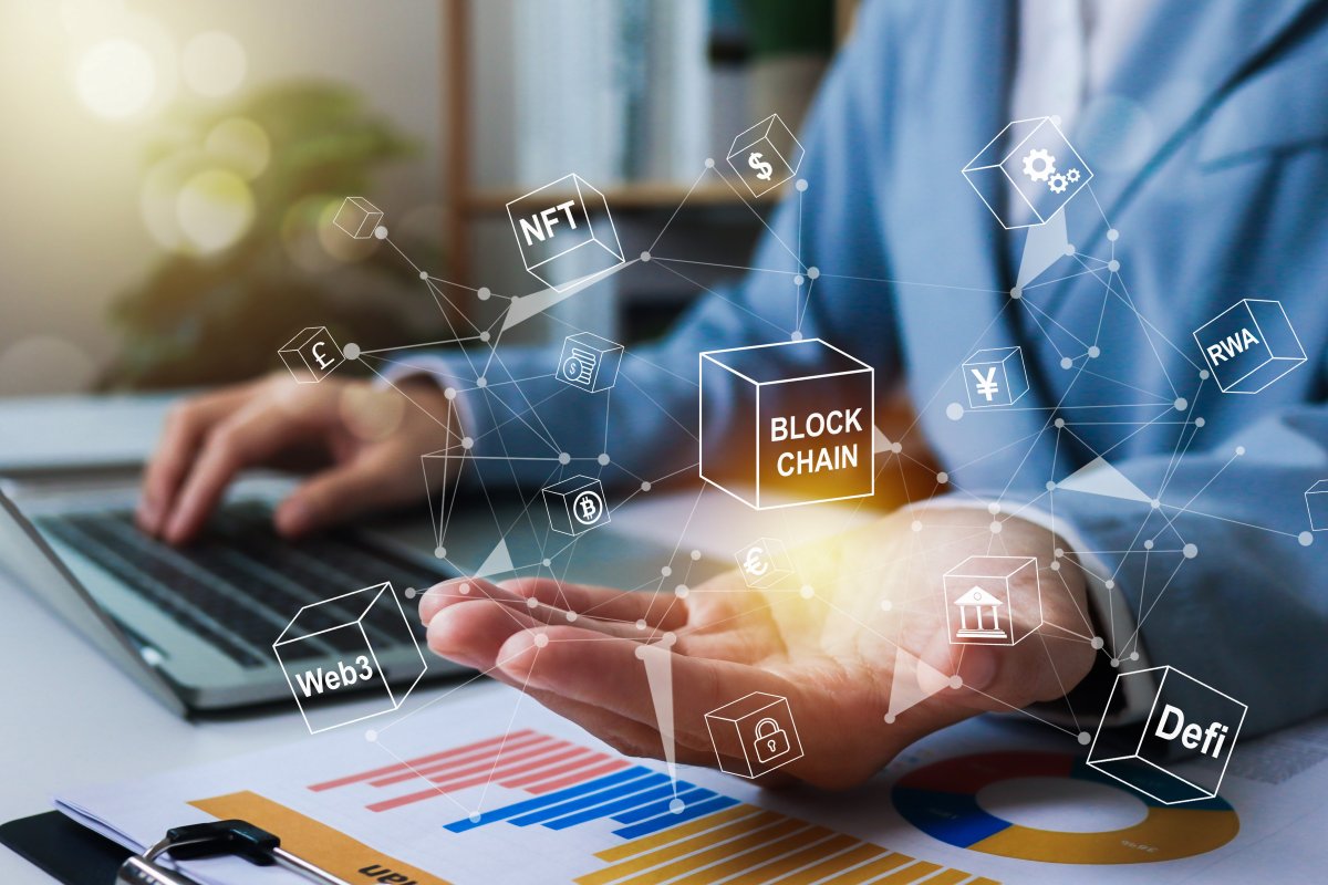 Computer user and blockchain illustrations