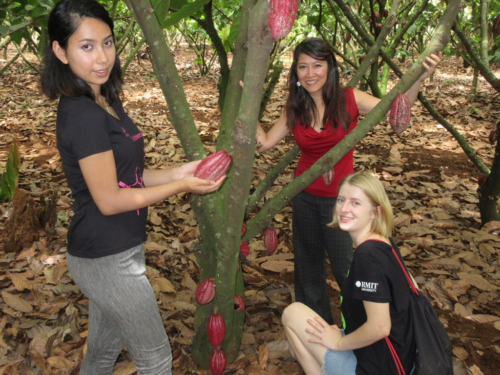 Dr Tien Huynh (in red T-shirt) with RMIT Melbourne students working on recycling cacao waste for medicinal applications.