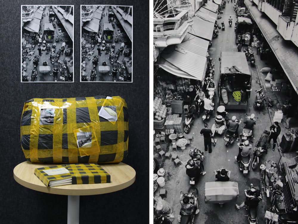 Hình ảnh bao bì nhựa màu đen với băng keo màu vàng thể hiện dòng chảy hàng hóa ở chợ Đồng Xuân