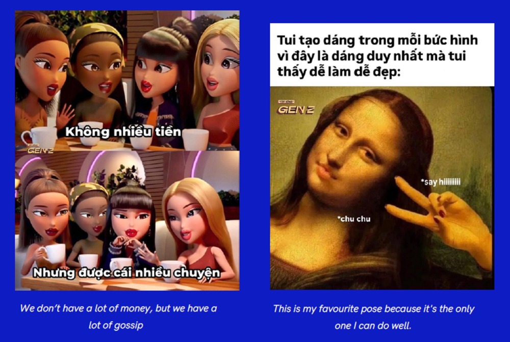 Two memes saying: “We don’t have a lot of money, but we have a lot of gossip” and “This is my favourite pose because it's the only one I can do well.”