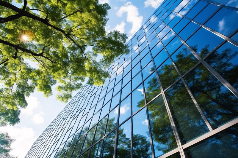 Glass wall on a building and a tree closeby