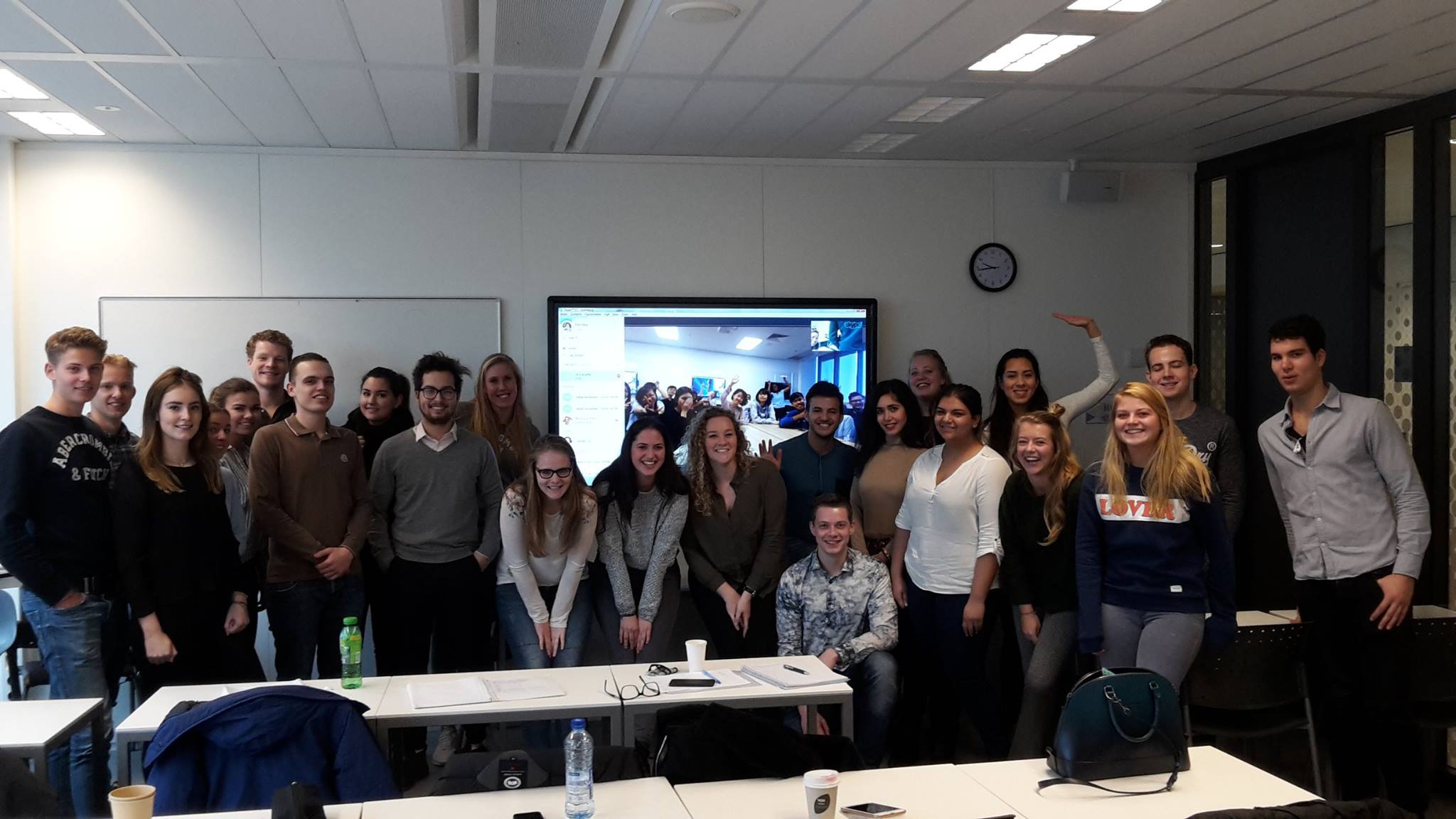 Students in the COIL course learned about each other in a two-week "Selfie Challenge". Pictured is the Dutch class in a group selfie.