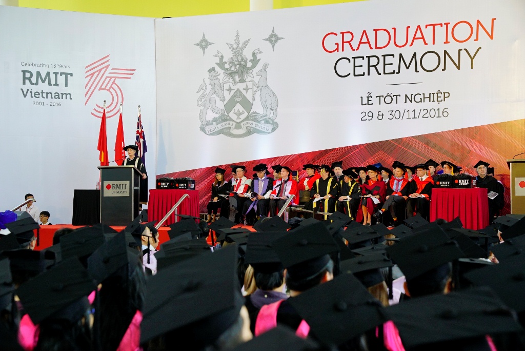 RMIT Vietnam President Professor Gael McDonald congratulates students and parents.				