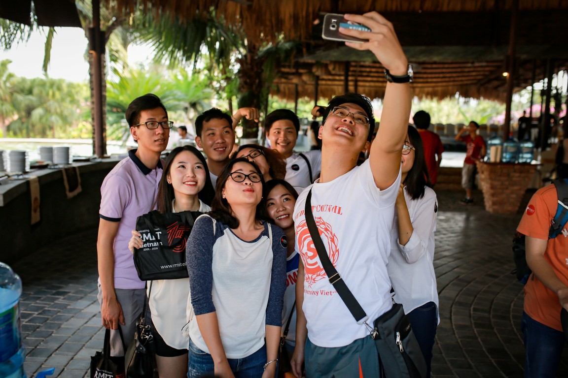 Friends gather for a wefie.