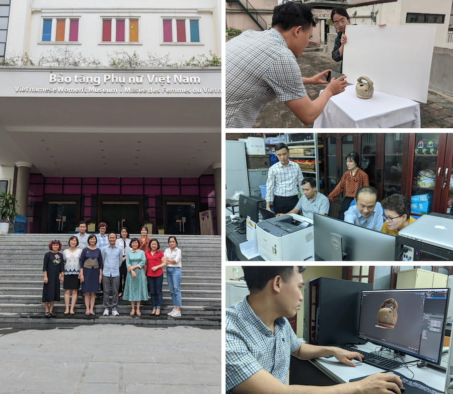 Photo collage of RMIT and Vietnamese Women's Museum staff creating 3D objects from real artefacts