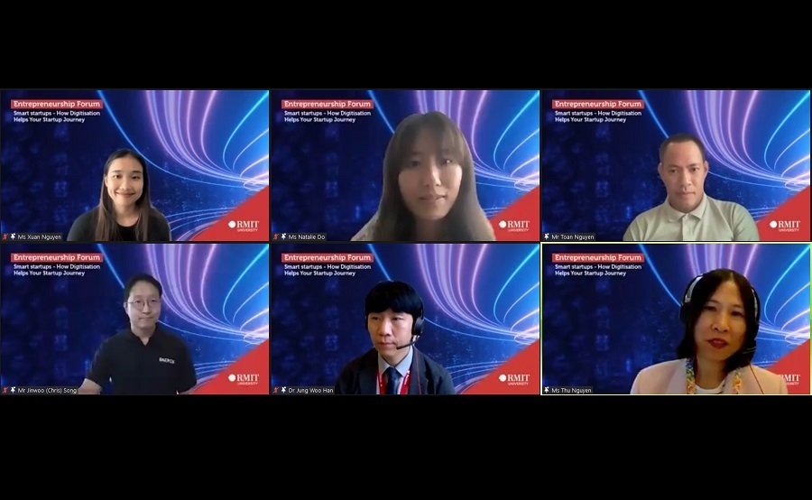 Screenshot of the online Entrepreneurship Forum, showing four guest speakers and two RMIT lecturers