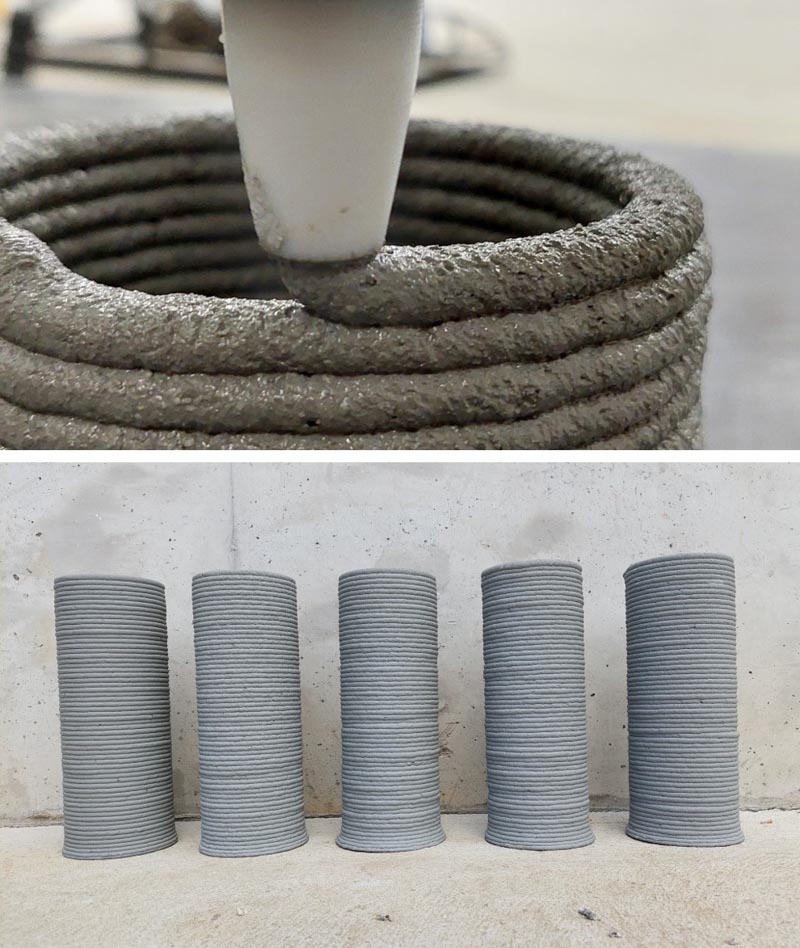 Concrete during a 3D printing process (pictured above) and concrete columns after printing (pictured below).
