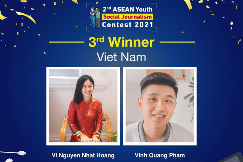Hai sinh viên ngành Truyền thông (Truyền thông chuyên nghiệp) Đại học RMIT Hoàng Nguyễn Nhật Vi (bên trái hình) và Phạm Quang Vinh thắng giải Ba tại cuộc thi Phóng viên trẻ mảng xã hội khu vực ASEAN .