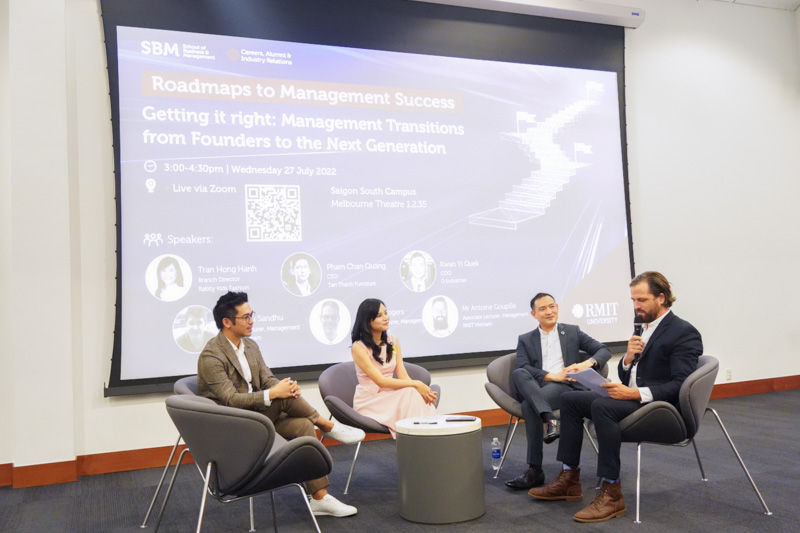 CEO of Tan Thanh Furniture Mr Quang Pham, Founder of Rabity kids' fashion Ms Hanh Tran, COO of Q Industries Group Mr Kwan Yi Quek, and RMIT lecturer and moderator Antoine Goupille discussed the importance of family businesses in the Vietnamese economy.