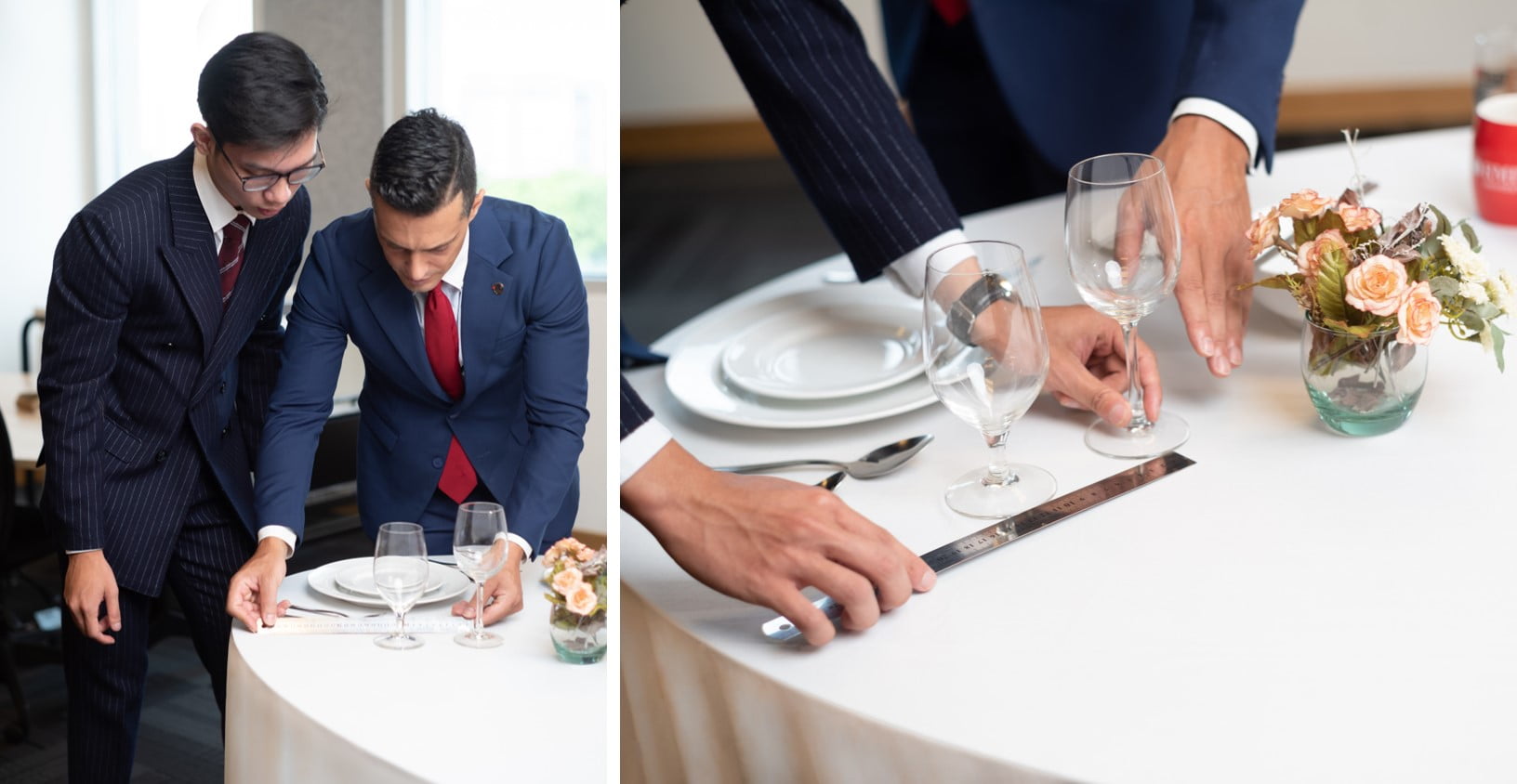 Dr Nuno F. Ribeiro (pictured second from left) demonstrates table setting rules in a hospitality class.