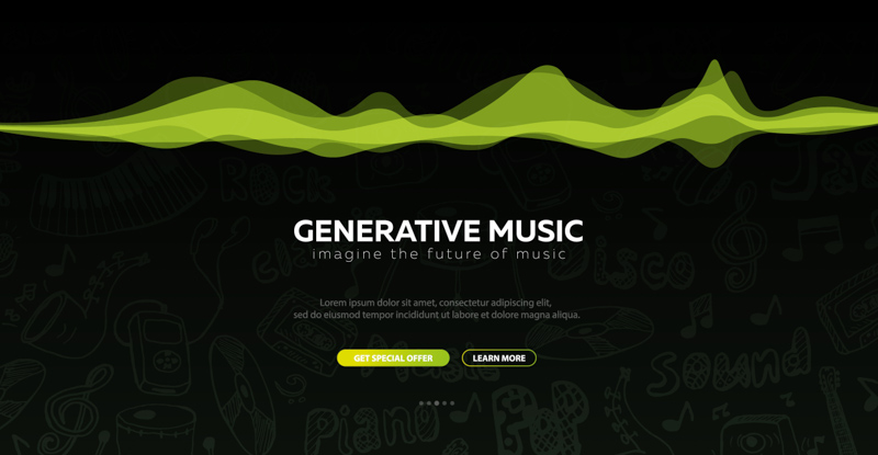Illustration of green sound waves with the text: Generative music - Imagine the future of music