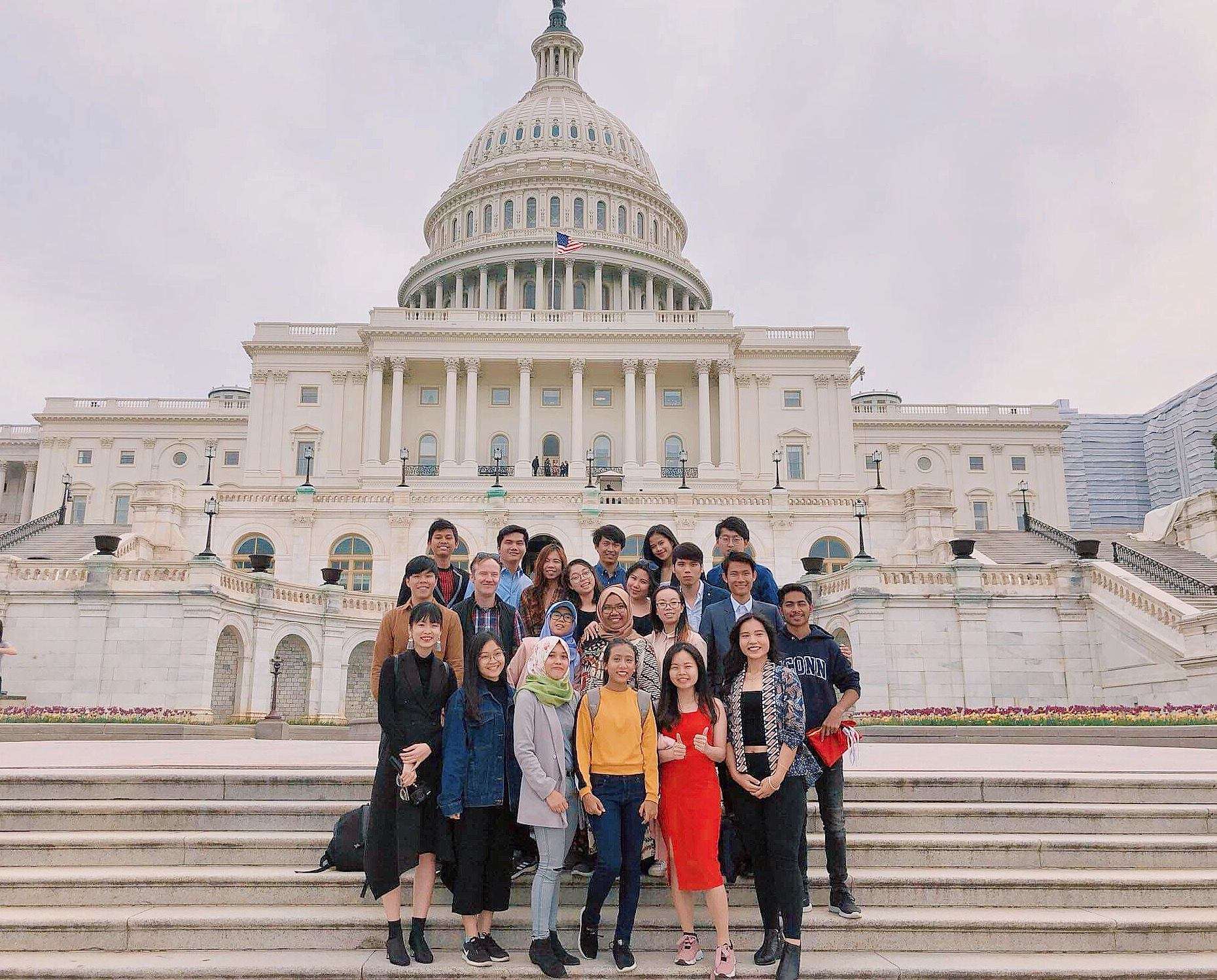 A group photo of the Spring 2019 YSEALI team in front of the Capital building in Washington DC.